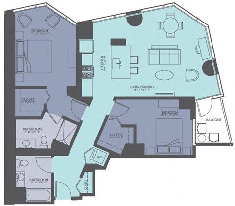 Floor plan for 2 beds, 2 baths, 1207 sqft